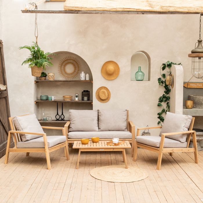 Salon de jardin en acacia massif 4 places GILI - coussins sable