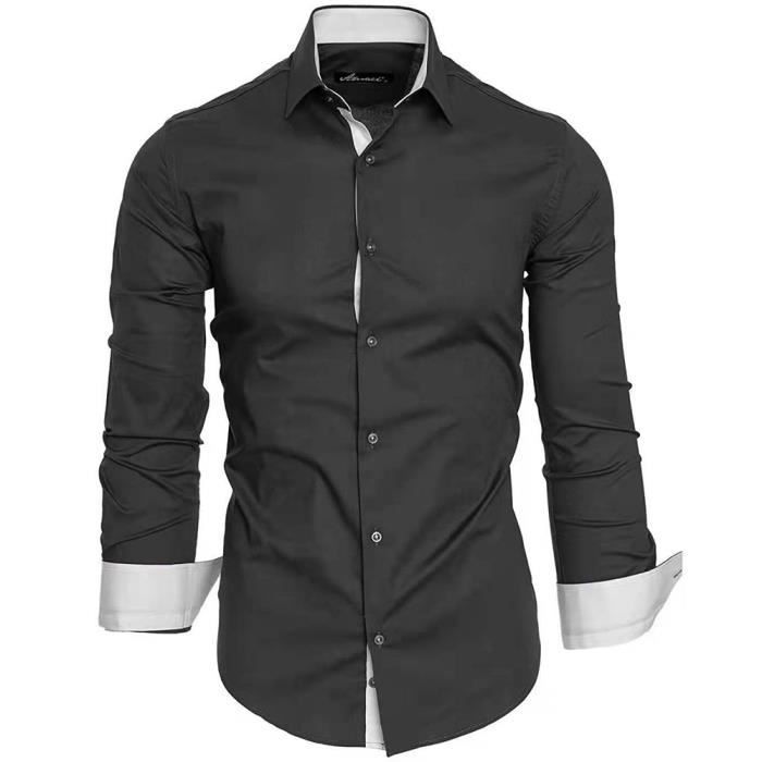 Chemise Homme Col Bicolore Uni Manches Longues Coupe Slim Business Idee Cadeau Noel Saint Valentin XH431HEI noir