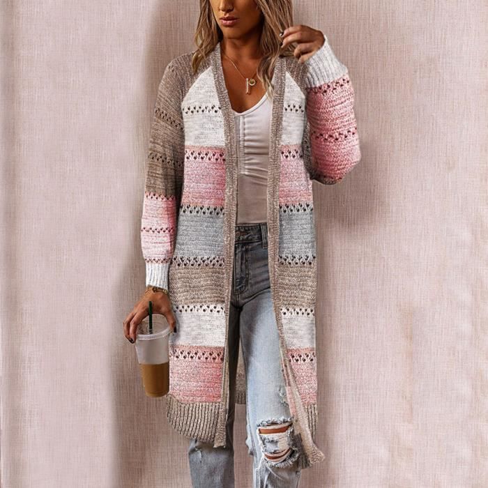 Gilet Femme Cardigan Comfy Élégant Stitching Pull à manches longues Cardigan long décontracté Rose