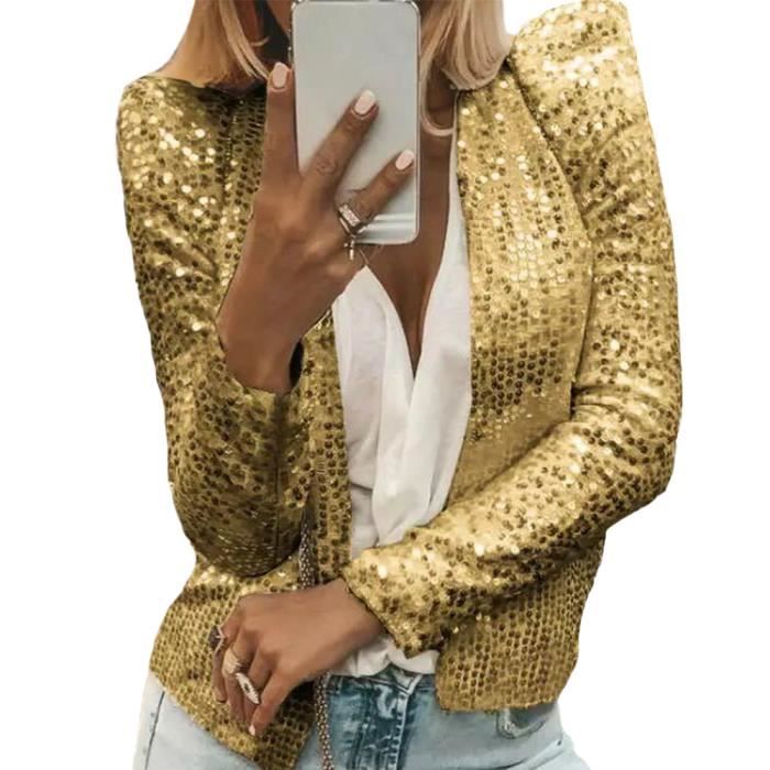 Femme Veste Manches Longues Avant Ouvert Paillettes Blazer Chic Brillant Bolero Elegant Tops Sequins Veste Courte Or Or Cdiscount Pret a Porter