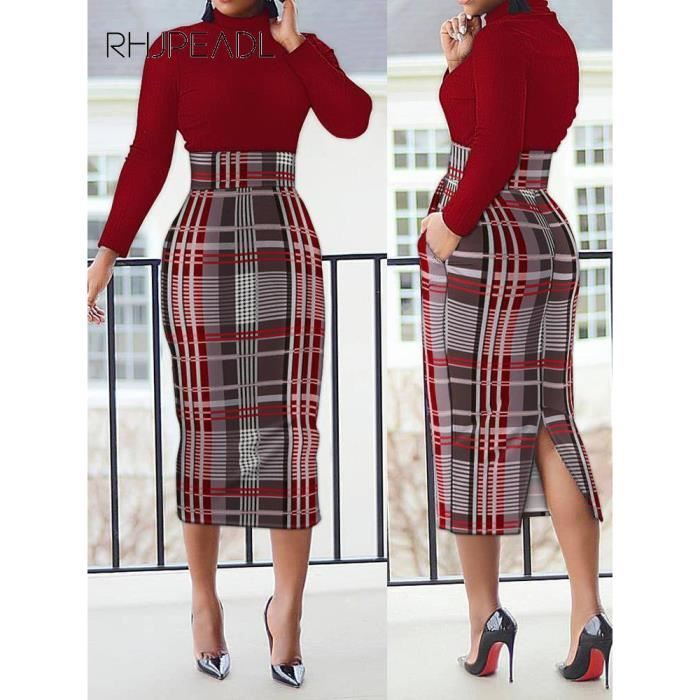 Robe mi longue taille haute pour femme, manches longues, imprim?�, mince, crayon, d?�contract?� 