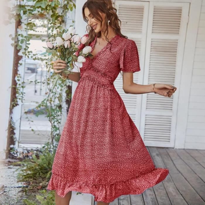 Robe Femme Bohème Chic En Coton-lin - Col V Profond, Manches évasées - Coupe Ample Midi - Pour Plage, été, Quotidien