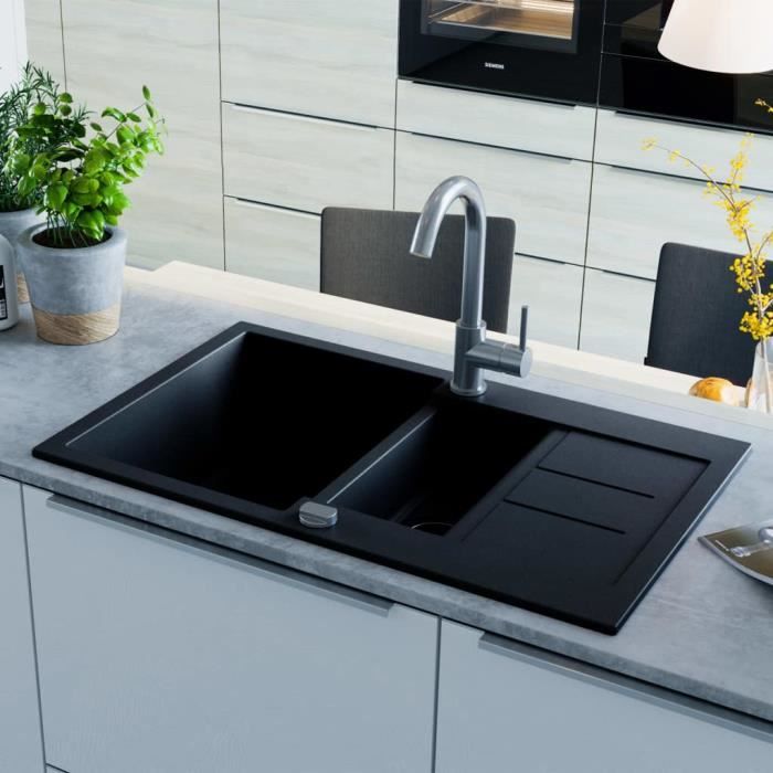 Evier De Cuisine En Granit Double Bac Noir Lavabo De Cuisine