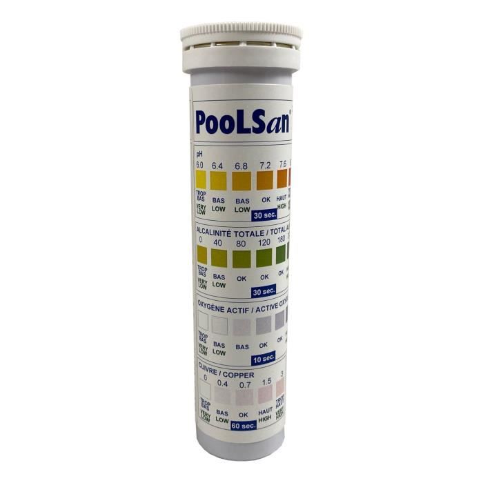 Kit d'analyse POOLSAN pour piscine et spas - Cuivre, Oxygène actif, pH et Alcalinité