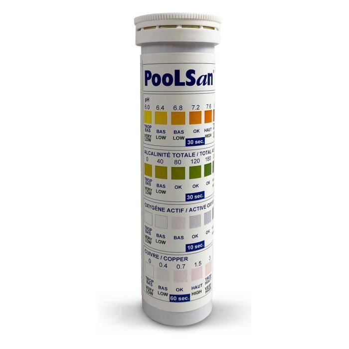 Kit d'analyse POOLSAN pour piscine et spas - Cuivre, Oxygène actif, pH et Alcalinité