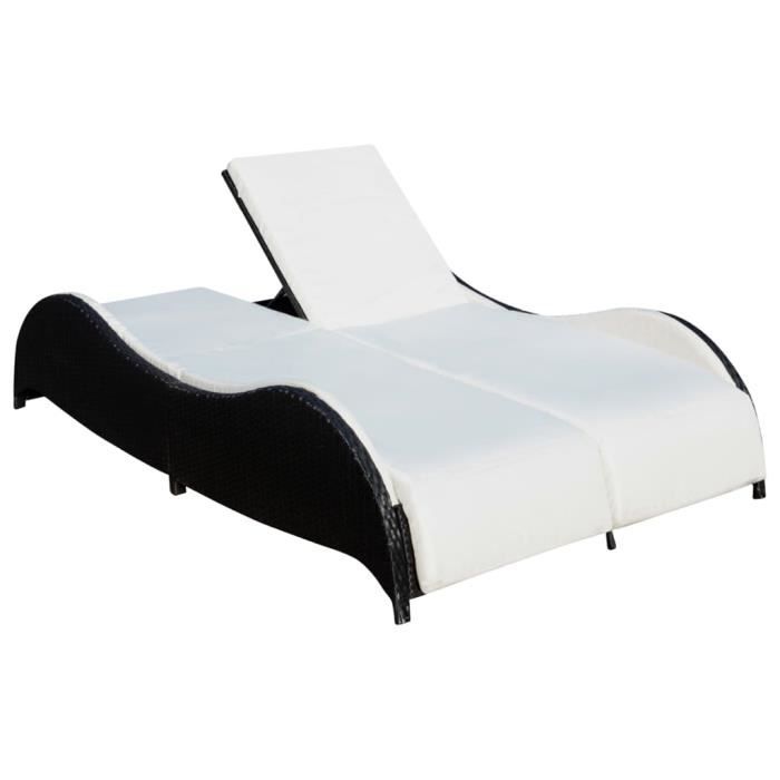 Chaise longue double avec coussin Résine tressée Noir Qqmora