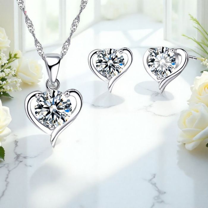 Parure Bijoux - Femme - Coeur - évidé - Ouvert - Cristal - Blanc - Argent 925/1000 - 4 Pièces