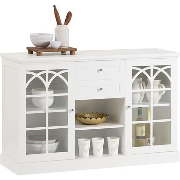 SoBuy FSB79-W Buffet de Cuisine avec 2 Portes Vitrées 2 Tiroirs 2 Compartiment -120x39x78 cm Blanc