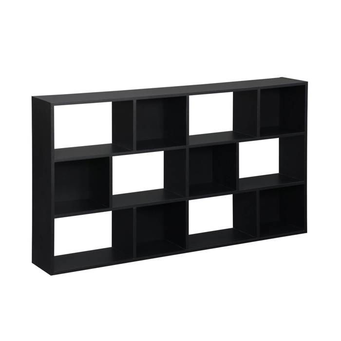 Bibliothèque design asymétrique noire. Pieter. 3 étagères. 12 compartiments de rangement
