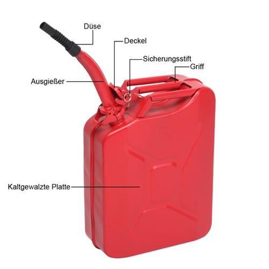 Jerrican en métal rouge pour carburant 10 litres avec bec 24 cm