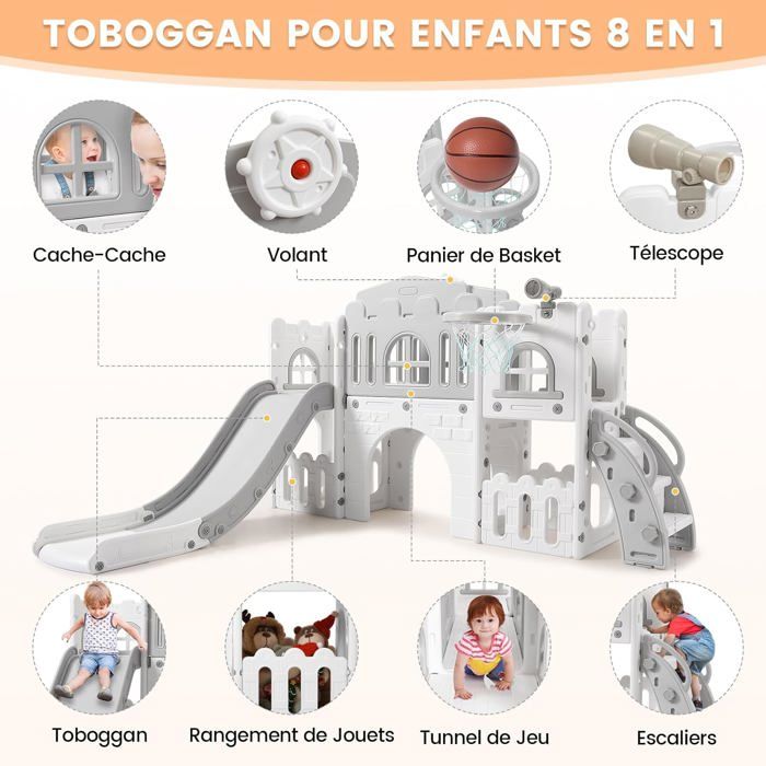 Toboggan pour Tout,Toboggan 10 en 1 pour Enfants avec Structure d'escalade ,Golf,Panier de Basket et Tunnel,Ensemble de Toboggan en Plastique pour l'intérieur,Jouet Montessori pour l'aire de Jeux