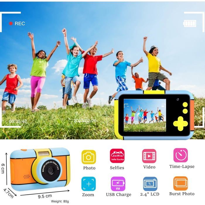 Appareil Photo Instantané Pour Enfant - 24MP, écran 2.4", Vidéo 1080P - Avec Impression Noir Et Blanc + Carte 32 Go - Cadeau 3-12 Ans (Bleu)