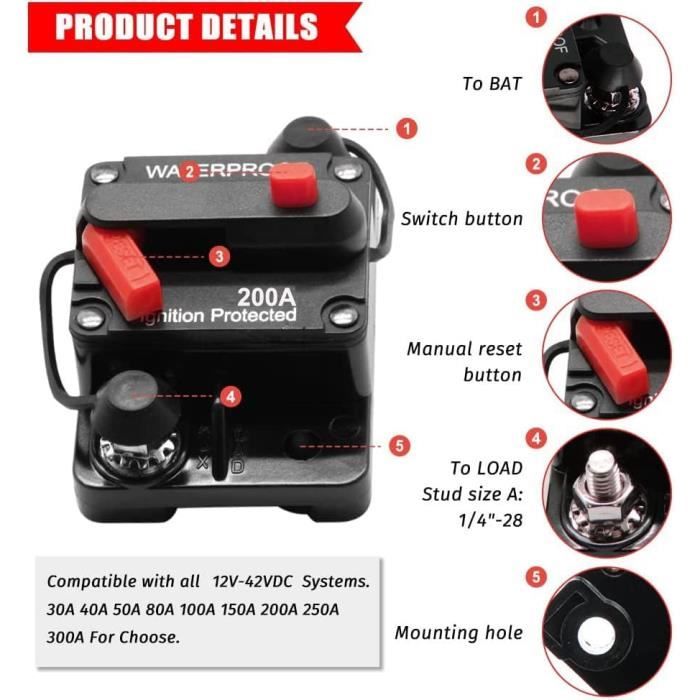 Disjoncteur 50A Réarmable Manuel Pour Moteur Pêche Traîne Bateau ATV 12V-42V