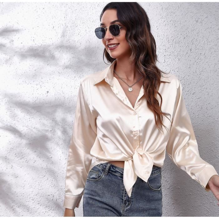 Chemisier femme elegant et chic Champagne Chemiser ete fluide manches longues Col V chemisier Decontracte travail veste pas cher Champagne Cdiscount Pret a Porter