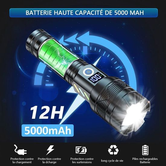 Torche LED Rechargeable 7000 Lumens, étanche, aluminium, mode zoomable