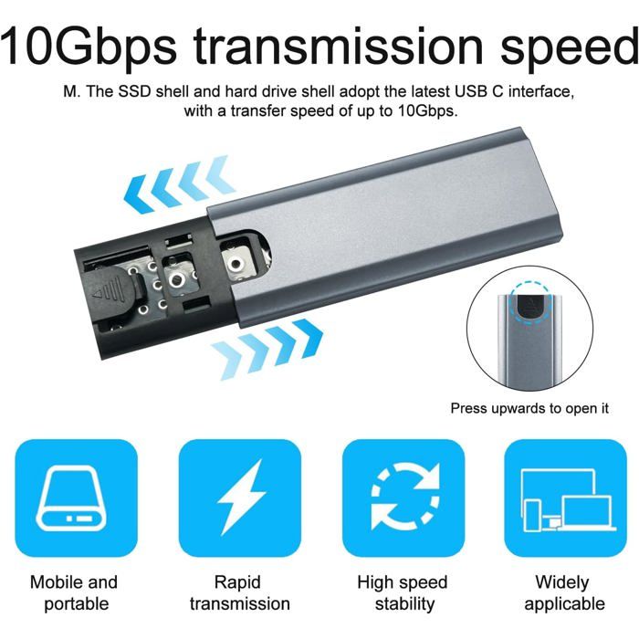 Boîtier NVMe USB-C 3.2 Gen 2 Pour SSD M.2 – 10 Gbps – Supporte 2230/2242/2260/2280 – Plug & Play Avec Câble