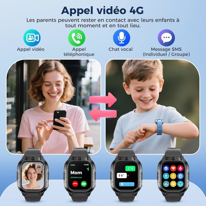 Montre Connectée Enfant GPS,GPS+WiFi,chat Vidéo/vocal,SOS,mode Classe,10 Contacts,réveil,jeux,IP68,cadeau Noël - Téléphonie