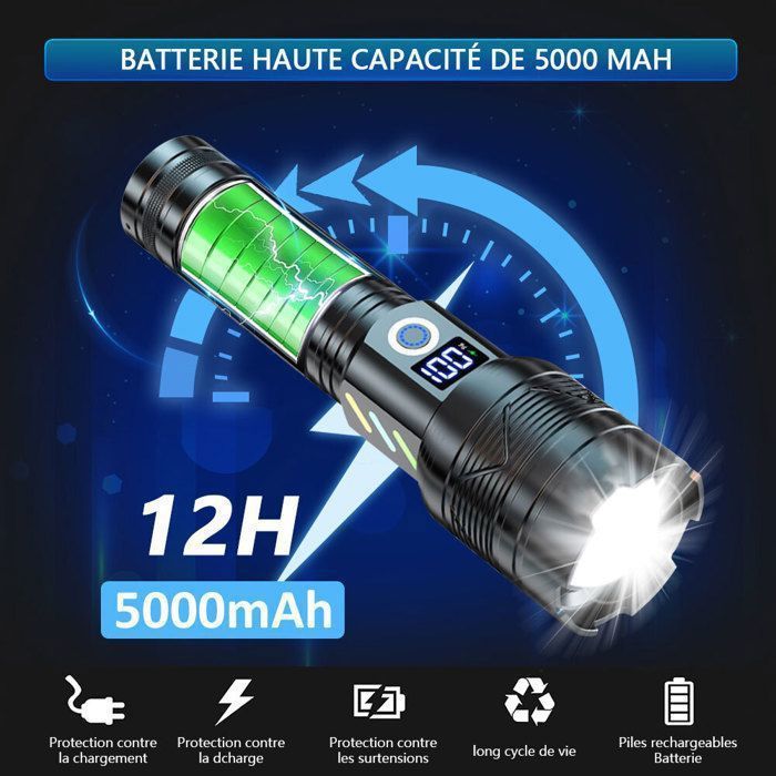 Torcia LED ERAY 11000 Lumen Ricaricabile - 9600mAh Potente Luce Esterna