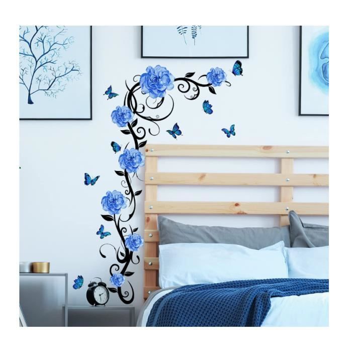 Muursticker fleurs bleues sticker mural branches oiseaux papillon autocollant  mural