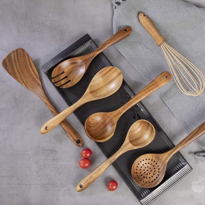Lot De 13 Ustensiles Cuisine Bois Acacia - Cuillères, Spatule, Louche Et Cuillères à Mesurer