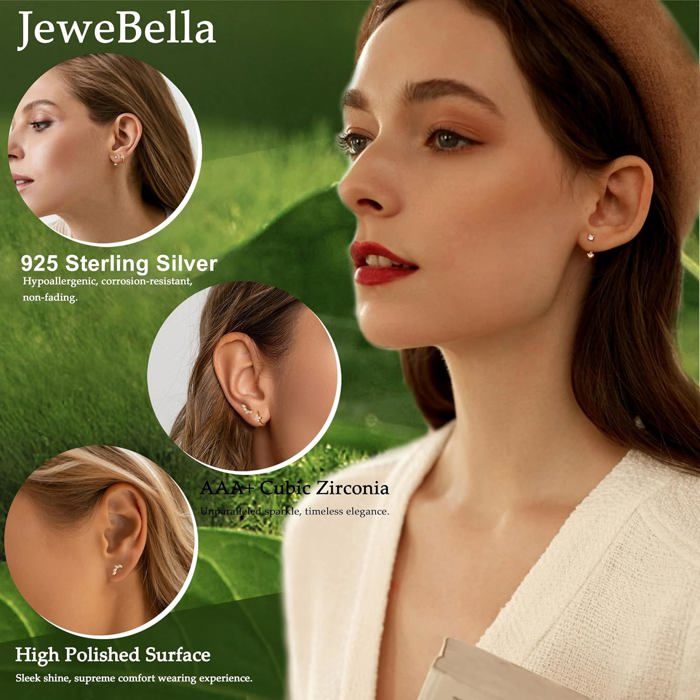 3 Paires De Boucles D'oreilles Argent 925 Plaqué Or 14K - Zircons, Papillon, Créoles - Pour Multiples Piercings