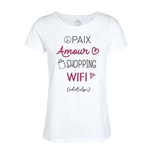 Télécharger gratuitement Images Wazzis T Shirt Femme Message Humour Paix Amour Shopping Wifi Blanc dernière par