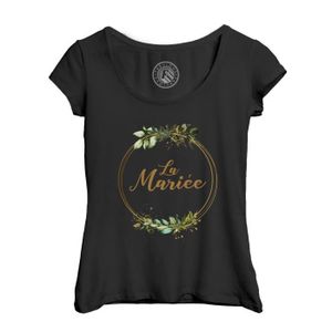 T-SHIRT T-shirt Femme Col Echancré Noir La Mariée Mariage Fiancée Cercle Fleurs