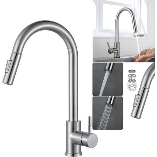 Robinet de cuisine, amovible et extensible, lignes courbes 360