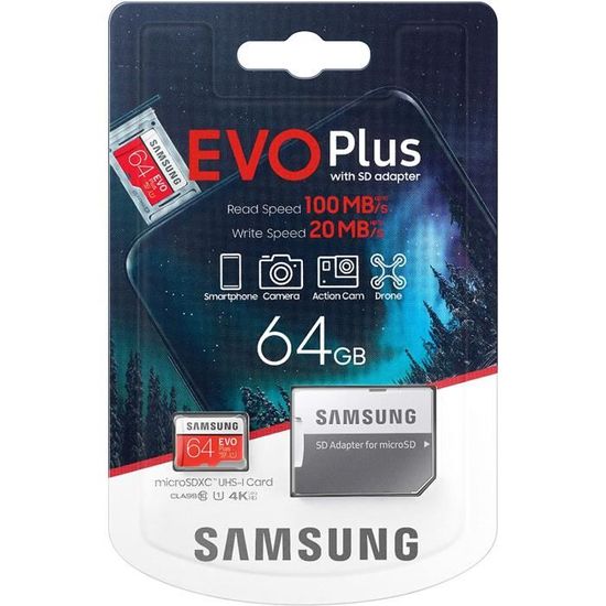 Samsung 64 Go Carte mémoire EVO Plus Micro SD Classe 10 avec adaptateur SD 