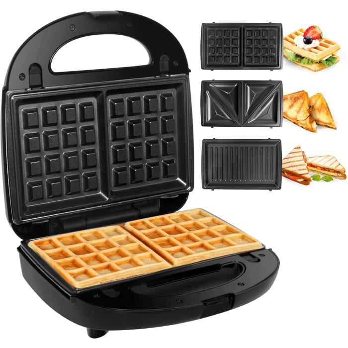 appareil à croques monsieur gaufrier 3 en 1 machine à sandwich maker gauffre presse toaster pain plaques remplaçables 750w - noir