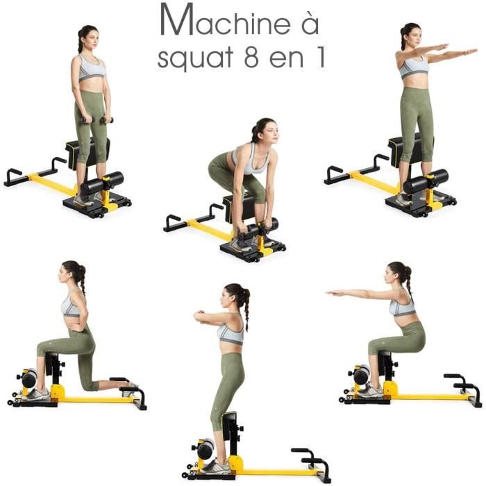 Machine à Squat 8 en 1, 11 réglages de Hauteur,Appareil de Muscalation pour Dos,Bras,Reins,Coussin Ergonomique Ajustable, avec Roue