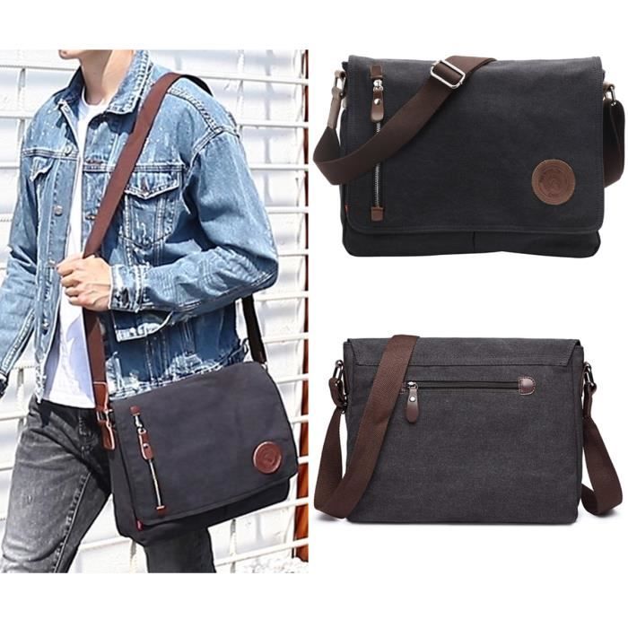 Sac a Bandoulière Epaule Cartable Messenger Scolaire Besace en Canevas Noir Unisexe