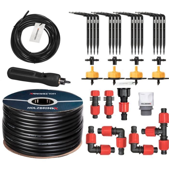 HOLZBRINK Kit d'arrosage goutte à goutte - système d'irrigation - serre - jardin - 30m Tuyau LDPE 16mm, 4x goutteur 2l/h