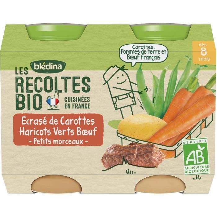 Blédina Les Récoltes Bio Ecrasé de Carottes, haricots verts et bœuf - Lot de 2 pots x 100 g