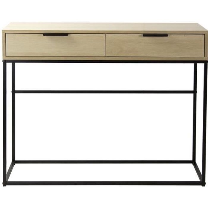 Console 2 tiroirs décor chêne clair et métal noir - Casâme Bois Clair