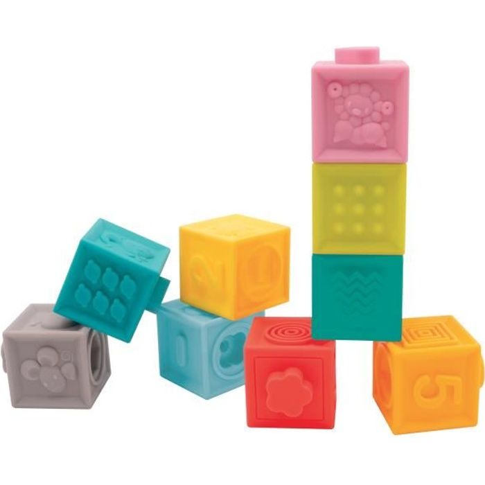 LUDI - Cubes emboîtables - Jouet d’éveil - Set 9 pièces - Jeu d’empilement et de Construction en Plastique Souple
