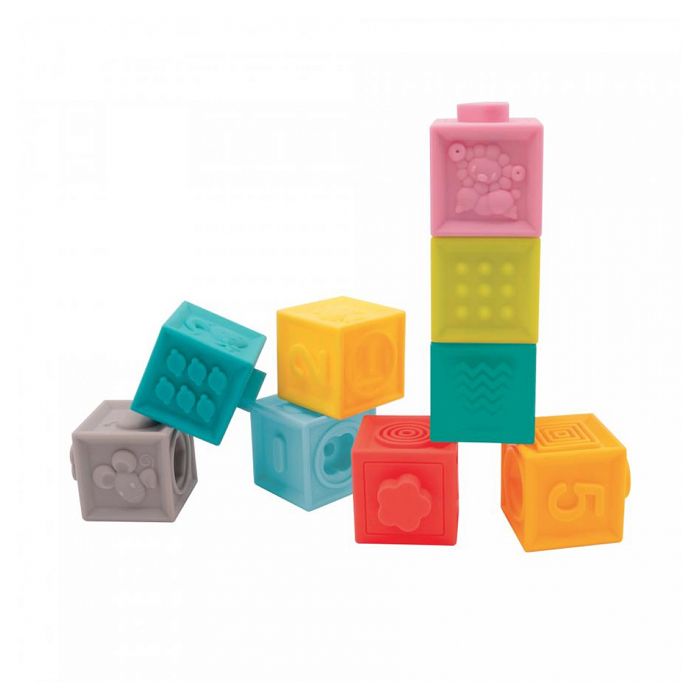 LUDI - Cubes emboîtables - Jouet d’éveil - Set 9 pièces - Jeu d’empilement et de Construction en Plastique Souple