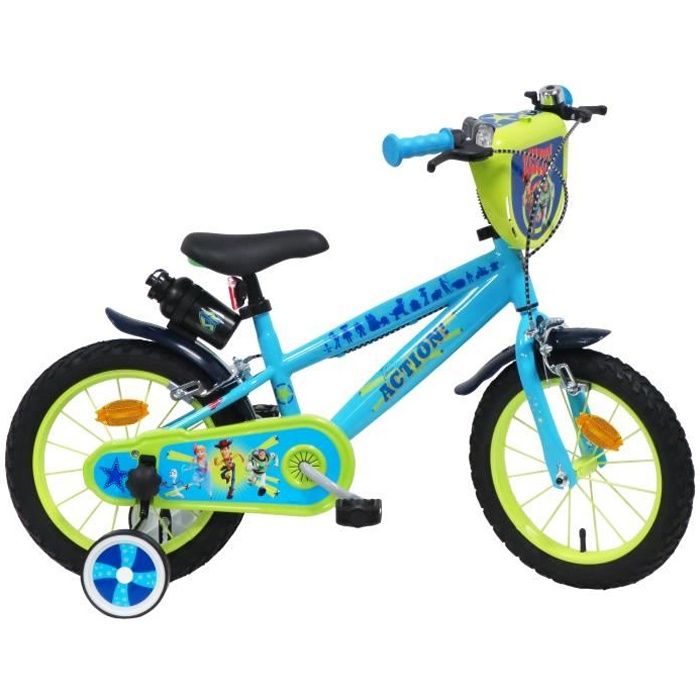 Vélo Enfant 14'' TOY STORY/Disney ( taille 90 cm à 105 cm ) , Bleu Ciel & Vert, équipé de 2 freins, Plaque, Gourde & Porte-gourde