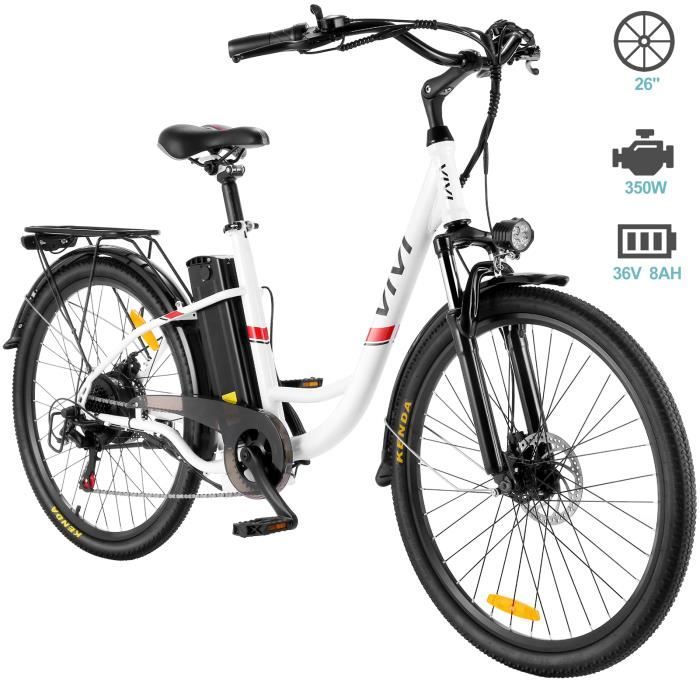 Vélo Électrique 26- Vélo de Ville, Vélo Cruiser Electrique Homme Femme avec Batterie Lithium-ION Amovible 8Ah, 7 Vitesses, Blanc