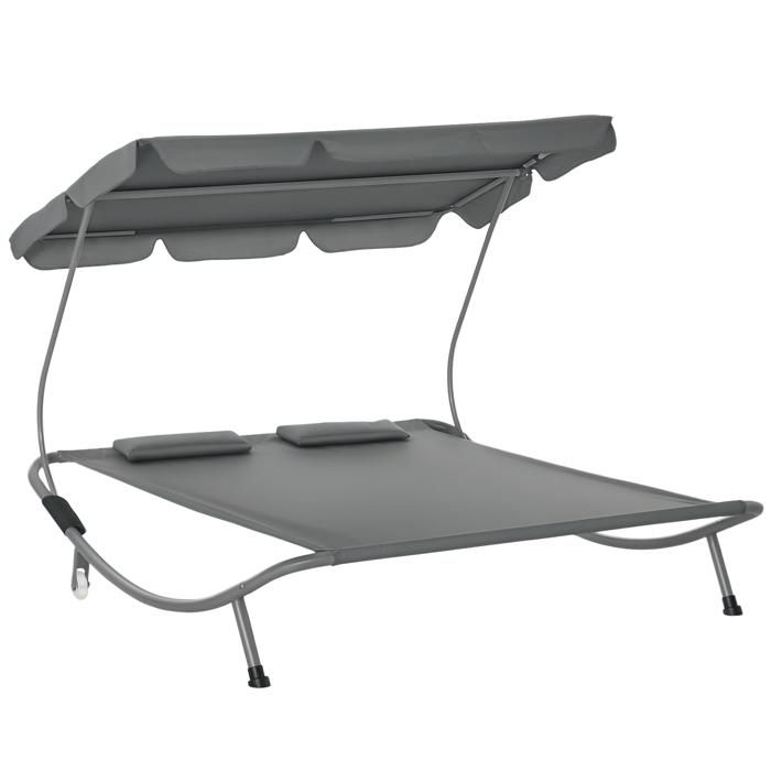Bain de soleil 2 places lit de jardin design contemporain toit réglable 2 roulettes 2 oreillers acier époxy polyester gris 74GY