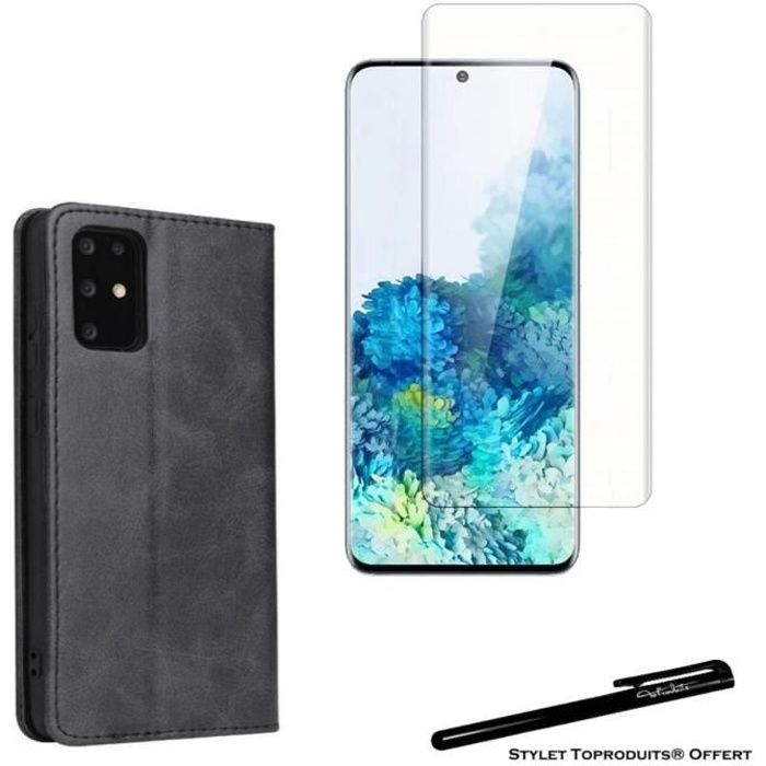 Etui portefeuille noir pour Samsung Galaxy S20 Plus Housse à fermeture magnétique et Verre trempé 3D avec Stylet Toproduits®