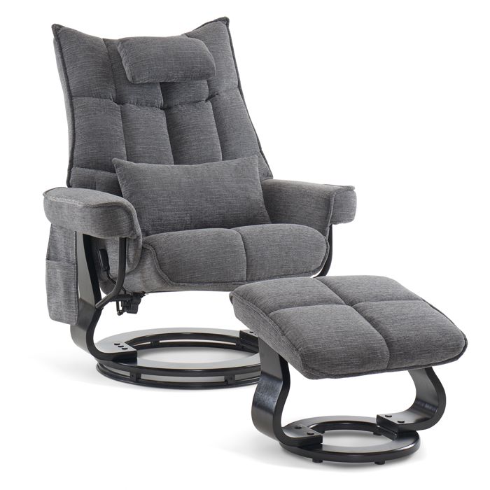 m mcombo 9076gy fauteuil relax moderne avec pouf, pivotant et avec fonction chaise longue, tissu gris