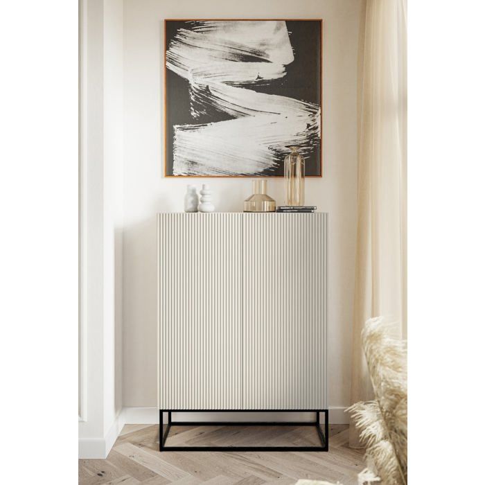 Commode haute à deux portes - VELDIO - 90 cm - grège avec pieds noirs