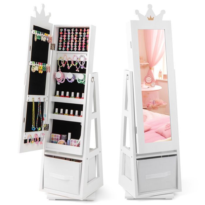 COSTWAY Armoire a Bijoux pour Enfants Miroir sur Pied avec Grande Capacité de Rangement et Base Pivotante Blanc COSTWAY Armoire a Bijoux pour Enfants Miroir sur Pied avec Grande Capacité de Rangement et Base Pivotante Blanc