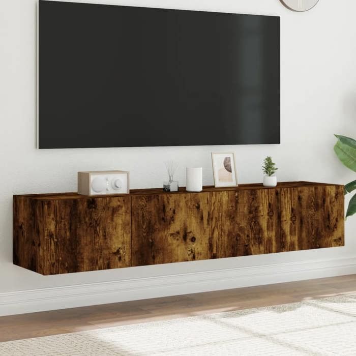 Meilleures Armoire HiFi suspendus Meubles TV muraux et lumières LED 2pcs - chêne fumé - 80x35x31cm SSD45895234