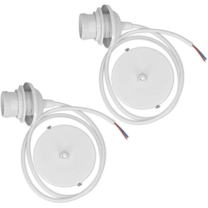 2x Câble pour Eclairage - Câble avec Douille E27 et Anneau de Fixation - Suspension pour Plafonnier - Blanc