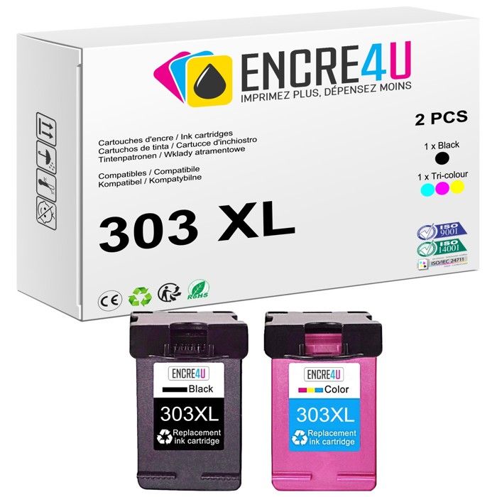 Cartouches D'encre Remanufacturées HALLOLUX 303/303XL Pour HP - Pack 2 (1 Noir + 1 Couleur) - Compatible Envy Photo 6220, 6230, 7134, Etc.