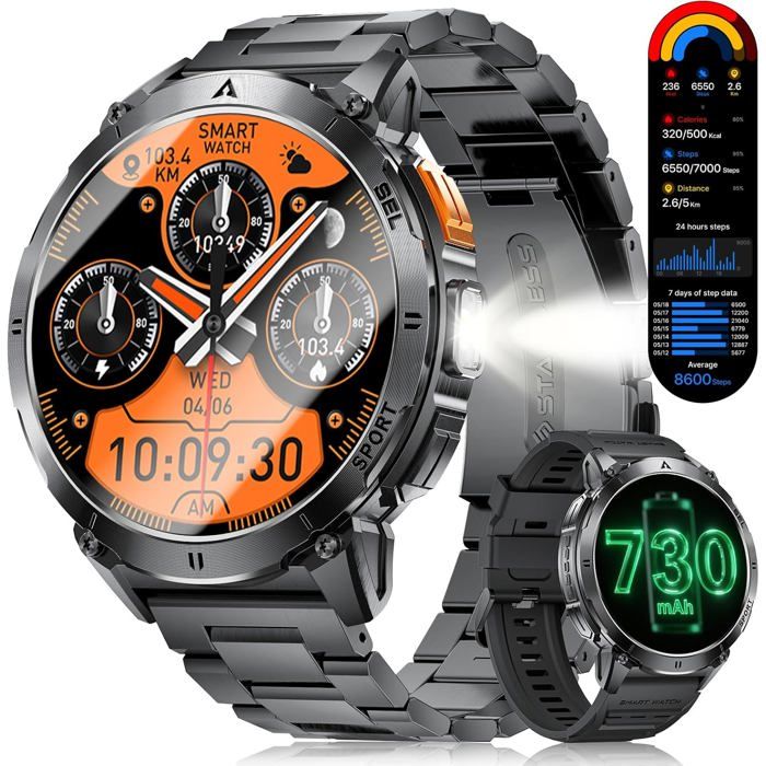 1.62 Amoled Montre Connectée Homme 3Atm Etanche Smartwatch Avec Led Lampe Torche Pour Android/Ios Appel Bluetooth 110+ [MON146]
