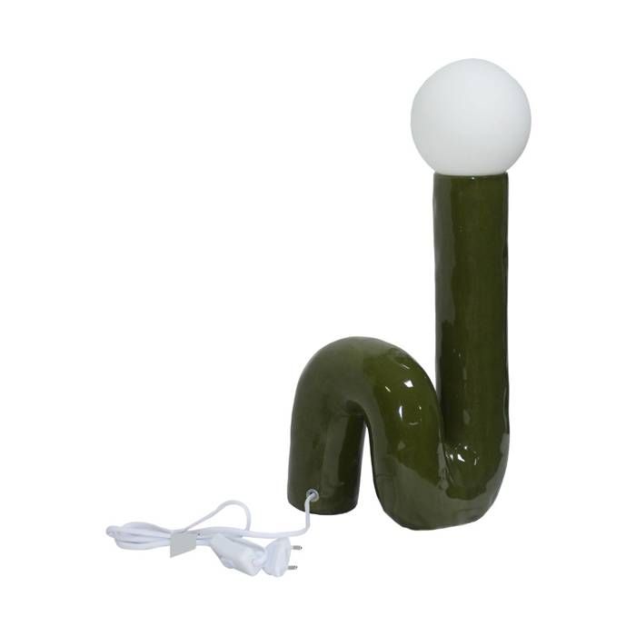 Lampe de table organique céramique vernis kaki. globe en verre H 45cm - Elma Lampe de table organique céramique vernis kaki. globe en verre H 45cm - Elma