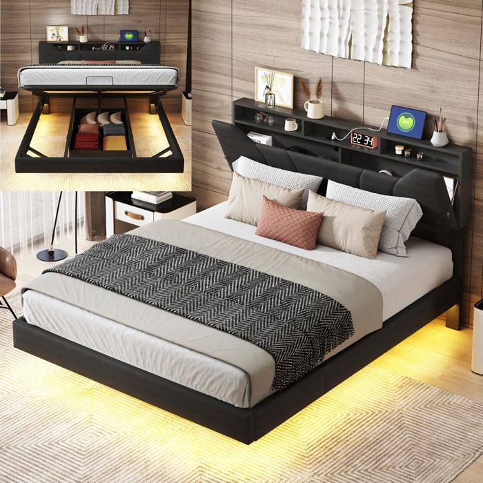 Lit double 160 x 200 cm avec LED et USB - Lit flottant avec rangement - Lit coffre avec sommier à lattes et tête de lit - PU noir